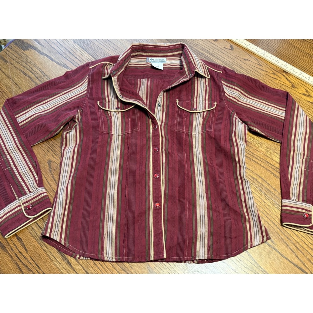Columbia Vertex Womens Medium Burgundy Striped Western Snap Button Up Shirt L/S